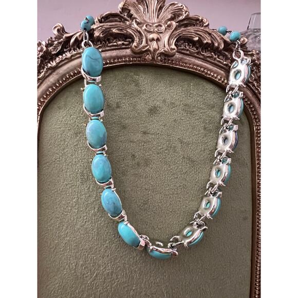 Vintage Coro Faux Turquoise Cabochon Thermostats Necklace Chocker 1950 1960 - Picture 6 of 7